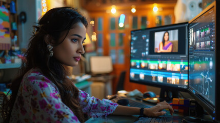 young female editor editing video on computer screen