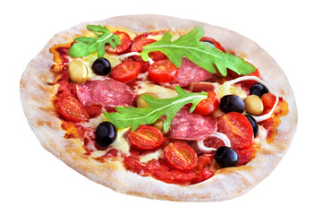 Pizza mit Salami und Rucola   Hintergrund transparent PNG cut out
