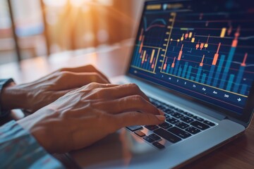 Person analyzing financial data on a laptop with colorful graphs in a bright setting, representing stock market analysis and investment.