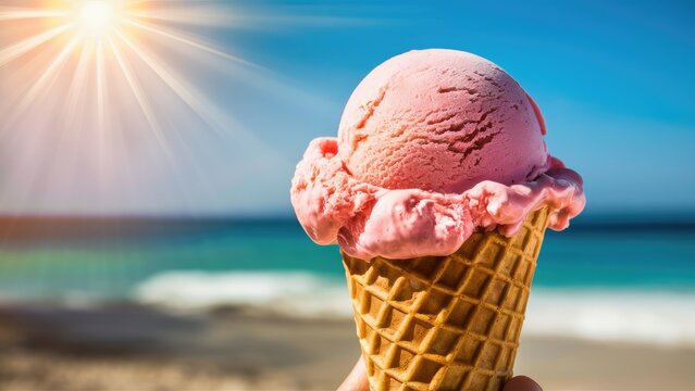 Pink ice cream cone on the beach, sunny day, refreshing summer treat