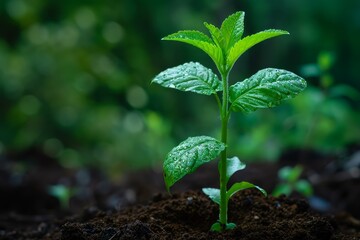 Vibrant sapling emerges from rich earth, dew drops on its leaves, symbolizing growth and new beginnings