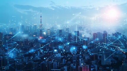 A futuristic 3D illustration of a city skyline, with digital networks and connections overlaying the buildings, representing a smart, connected city.