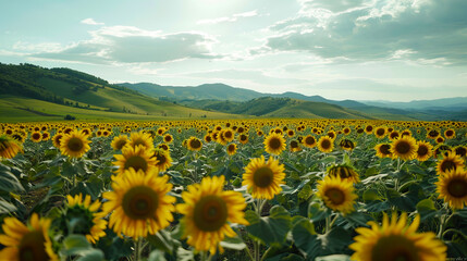 Landscape of a field with many sunflowers against the backdrop of green hills, Beautiful natural background.