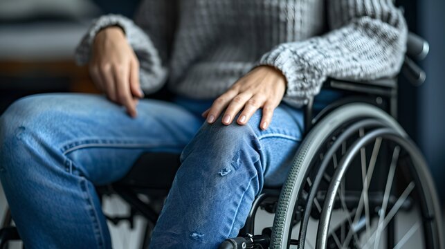 Close-up of person in wheelchair wearing casual clothes. This image shows the importance of accessibility and support. It's ideal for health, lifestyle, and disability-related content. AI