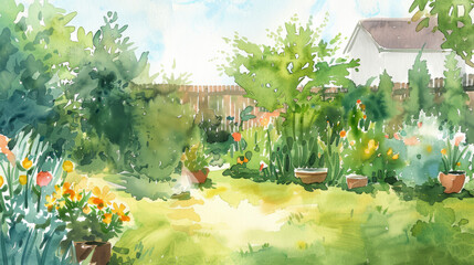 Watercolor painting of a lush garden. Vibrant watercolor painting of a sunny garden, filled with flowers and greenery, creating a peaceful summer atmosphere.