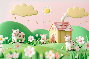 3D illustration of A group of cows are standing in a field of flowers
