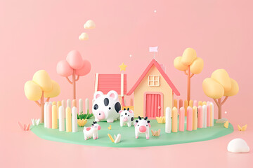 A group of cartoon animals are standing in a field next to a house with pastel colors