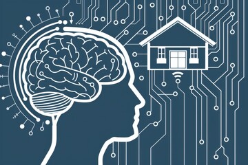 Digital brain with connected home elements, representing smart home technology and AI integration