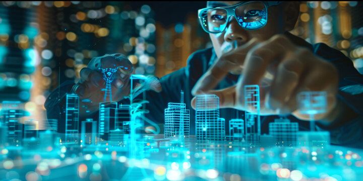 Close-up of futuristic civil engineer using holographic technology to design buildings, high-resolution, high-definition (HD), ultra high-definition (UHD), professional-grade