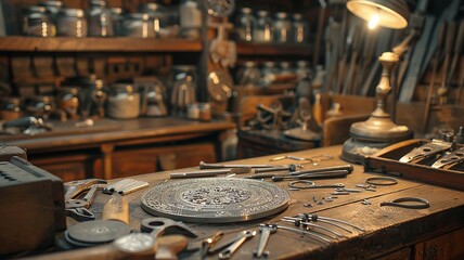 Vintage metalwork setup with focus on textured silver and tools
