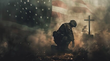 An illustration of an American veteran kneeling down in the dirt to a holy cross, a smokey ambience with the American flag in the background