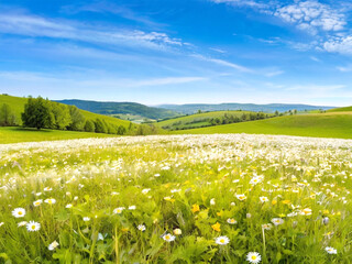 Beautiful spring and summer natural landscape with blooming field of daisies in the grass in the hilly countryside.