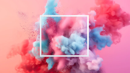 White square frame surrounded by explosion of colorful smoke against a pink background with color powder splash concept. Banner for social media highlights or promotional materials