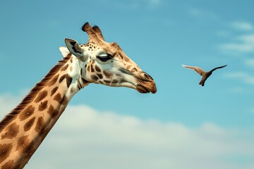 Obraz premium A tranquil day in wildlife with a giraffe and bird facing each other. Conceptual image highlighting nature's serenity. Ideal for educational and artistic purposes. Generative AI
