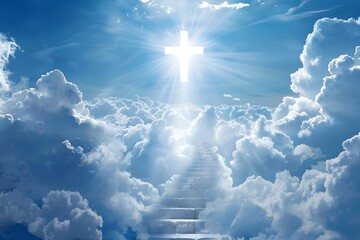 Fototapeta premium Mystical sky scene with clouds and cross. A heavenly ascent concept. Beautiful spiritual image for inspiration. Great for religious and dramatic themes. Generative AI