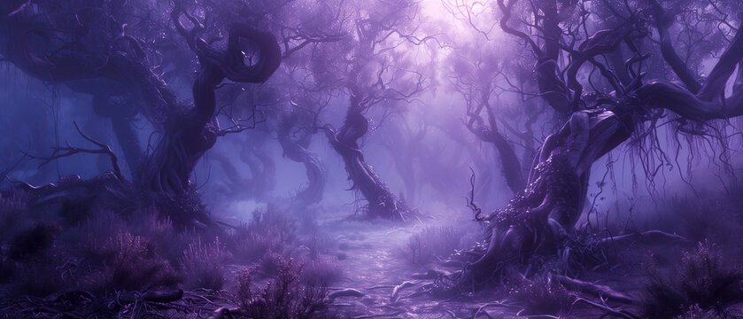 a mist-shrouded purple forest with twisted trees and tangled vines
