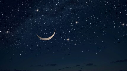 Naklejka premium Subtle Eid ul Adha night sky with silver stars and a crescent moon on a deep, midnight blue background for a serene atmosphere
