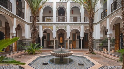 Obraz premium Traditional Moroccan riad courtyard with intricate tilework, arched doorways, and a central fountain surrounded by palm trees |