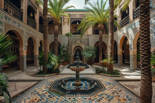 Traditional Moroccan riad courtyard with intricate tilework, arched doorways, and a central fountain surrounded by palm trees |