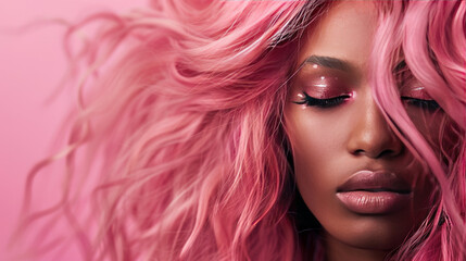 Fototapeta premium Portrait of stylish young African American woman posing with half of her face covered by her long pink hair.