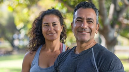 Fototapeta premium A man and woman standing together smiling in a park with blurred greenery in the background.