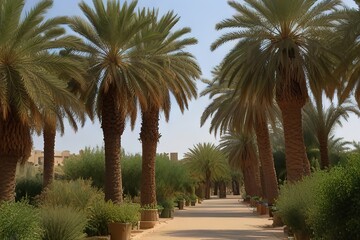 Naklejka premium Green palms in nature reserves for planting palm trees, fields and agricultural land, Arab national local products, Saudi dates and crop dates.