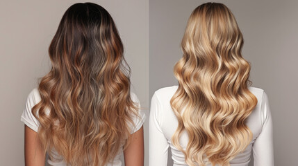 Step-by-step guide to adding hair extensions or wearing a wig.

Blonde, long hair with balayage or ombre highlights.

Rear view of a woman with beautiful, voluminous, curly hair.