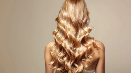 Fototapeta premium Step-by-step guide to adding hair extensions or wearing a wig.Blonde, long hair with balayage or ombre highlights.Rear view of a woman with beautiful, voluminous, curly hair.