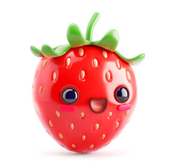Smiling glossy strawberry character with expressive eyes on white background