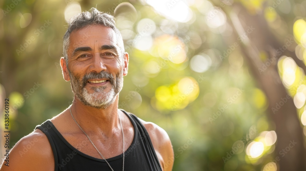 Sticker Smiling man with gray beard and hair wearing a black tank top standing in a forest with bright sunlight filtering through the trees.