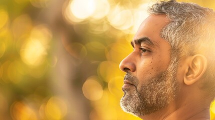 Man with gray beard and hair looking to the side with a thoughtful expression against a blurred background of bright light and trees.