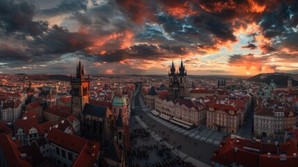 aerial view with dramatic sky over old town square in prague czech republic