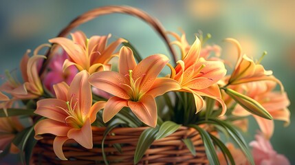 Beautiful Easter Lilies in a Woven Basket with Pastel Background