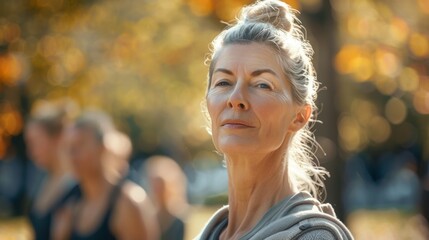 Woman with blonde hair wearing a grey top standing in a park with blurred figures in the background looking to the side with a thoughtful expression. - Powered by Adobe
