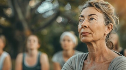 Fototapeta premium A woman with a contemplative expression surrounded by a group of people possibly in a natural setting with trees.