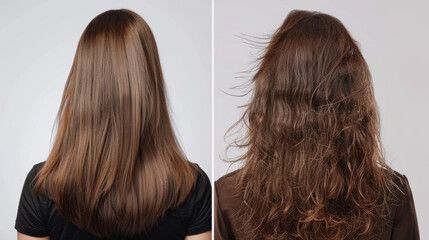 Fototapeta premium Transform dull, damaged hair into healthy, luscious locks with our keratin treatment. See the before-and-after results of this transformative hair care solution.