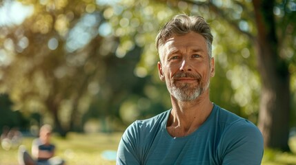 A man with a beard and gray hair wearing a blue shirt standing in a park with trees and a blurred background looking directly at the camera with a slight smile. - Powered by Adobe