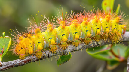 Fototapeta premium The Trabala vishnou caterpillar is known for its bright yellow color and hairy body. It is found on rose myrtle plants.