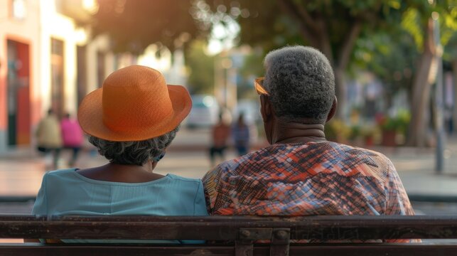 Two elderly individuals sitting on a bench enjoying the street scene