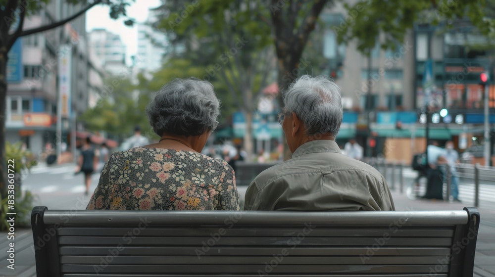 Sticker An elderly couple sitting on a bench enjoying a peaceful moment in a bustling city street.