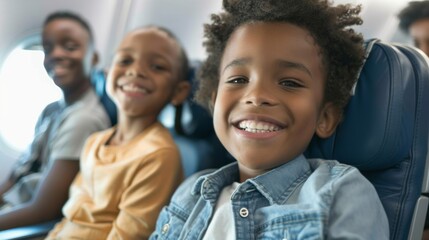 Three children sitting in airplane seats smiling and looking at the camera with a view of the airplane window and the sky through the window.