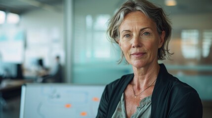 Fototapeta premium A poised middle-aged woman with short gray hair wearing a dark blazer and a light-colored shirt sitting in a modern office with a whiteboard in the background.