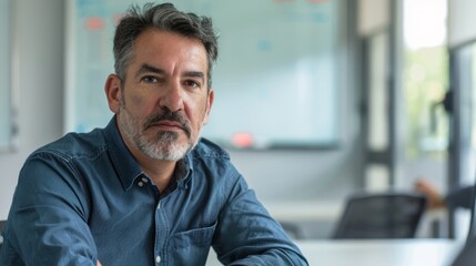 Obraz premium A man with a beard and gray hair wearing a blue shirt sitting at a desk with a whiteboard in the background looking serious.