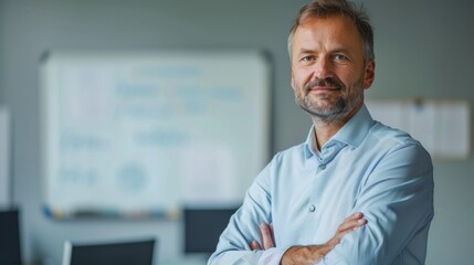 Fototapeta premium A man with a beard and graying hair wearing a light blue shirt standing confidently with his arms crossed in front of a whiteboard with writing on it in a professional office setting.