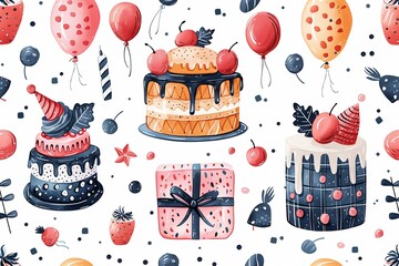 A watercolor painting of a birthday party with a cake, balloons, and a present. The cake is decorated with frosting and cherries, and there are several balloons scattered throughout the scene