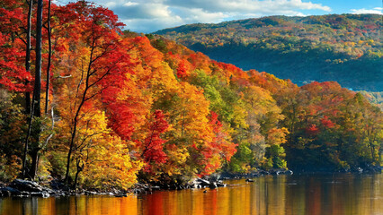 Colorful forest in autumn along the river 