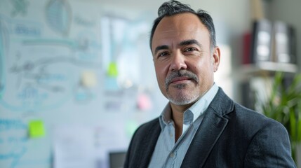 Obraz premium A man with a beard and mustache wearing a suit and a blue shirt standing in an office with a whiteboard in the background.