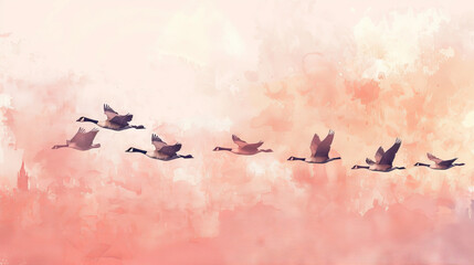 Flock Geese Flying Pink Sunset
