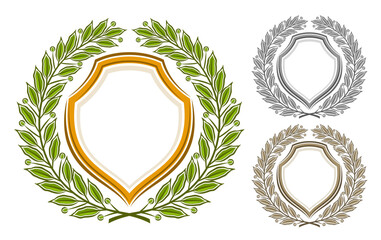 Obraz premium Vector Laurel Wreath Set, collection of 3 isolated illustrations decorative old crests with circle laurel wreath with copy space, group of various medieval crest layouts for text on white background