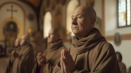 Fototapeta premium Monks praying solemnly inside a softly lit church.